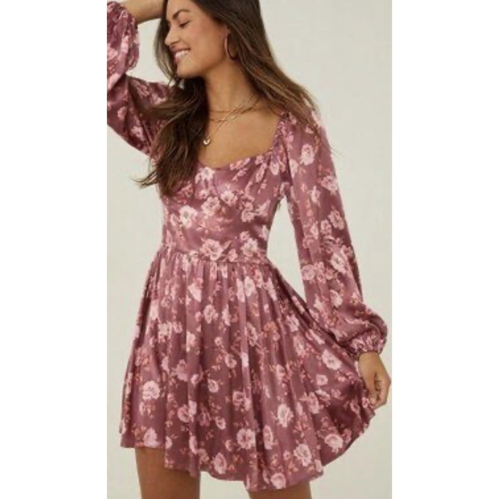 Altar'd State mauve or dusty pink satin Floral Mini Dress Size Small